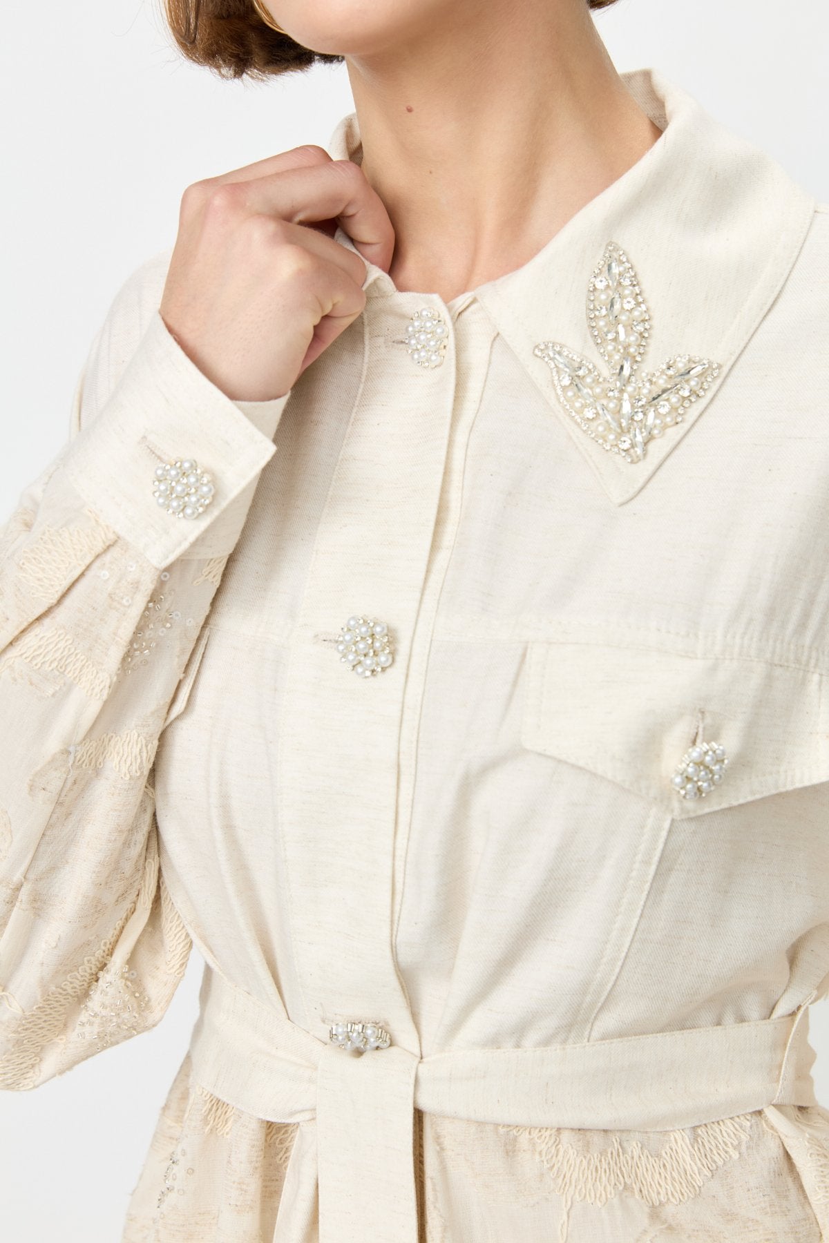Linen Tunic and Trousers Set with Pearl Buttons - Beige