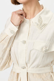 Linen Tunic and Trousers Set with Pearl Buttons - Beige