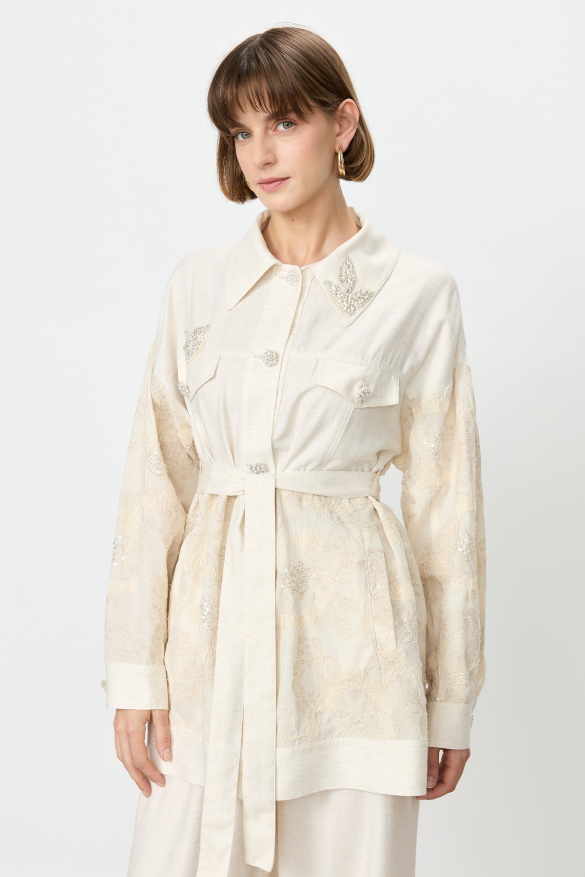 Linen Tunic and Trousers Set with Pearl Buttons - Beige