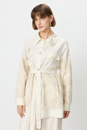 Linen Tunic and Trousers Set with Pearl Buttons - Beige