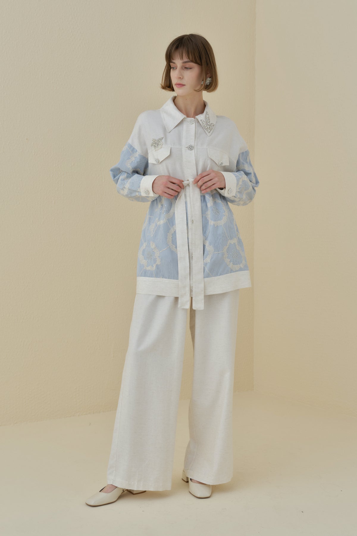 Linen Trousers and Tunic Set with Pearl Buttons - Blue