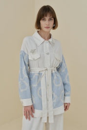 Linen Trousers and Tunic Set with Pearl Buttons - Blue