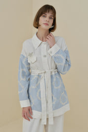 Linen Trousers and Tunic Set with Pearl Buttons - Blue