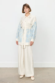 Linen Trousers and Tunic Set with Pearl Buttons - Blue