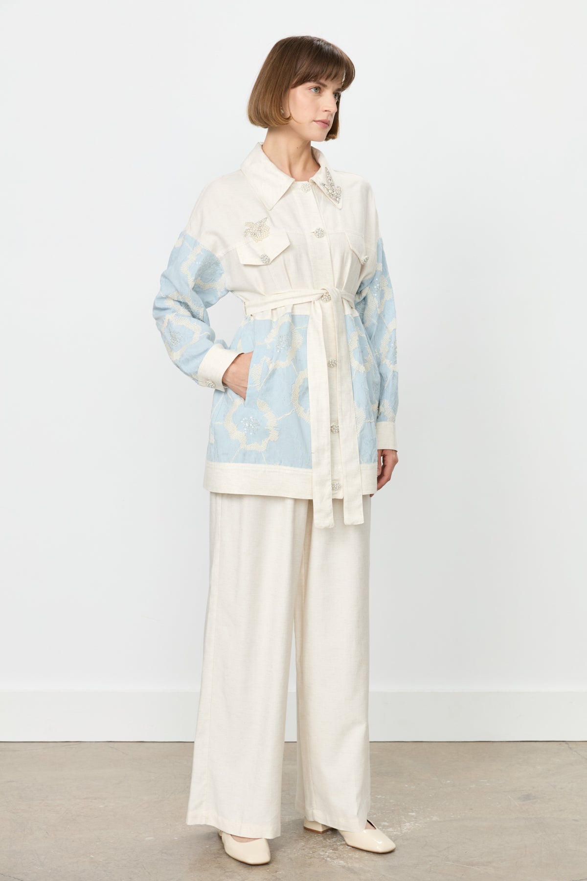 Linen Trousers and Tunic Set with Pearl Buttons - Blue