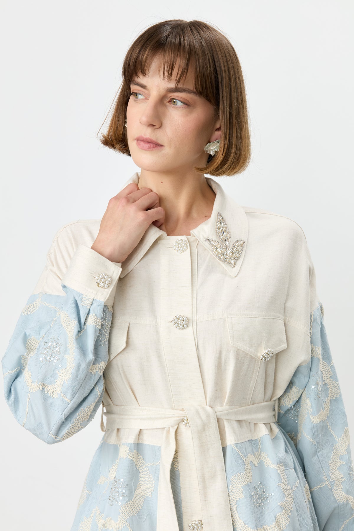 Linen Trousers and Tunic Set with Pearl Buttons - Blue