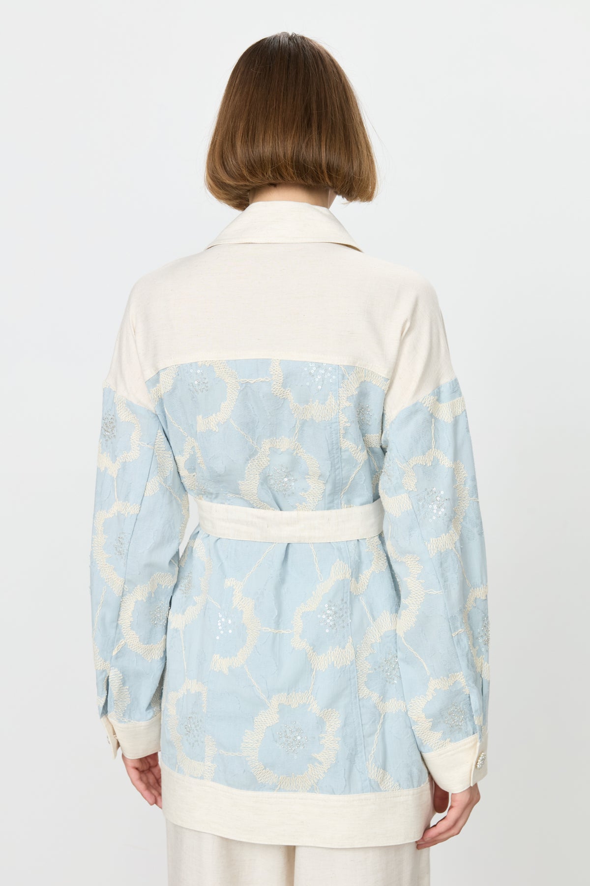 Linen Trousers and Tunic Set with Pearl Buttons - Blue