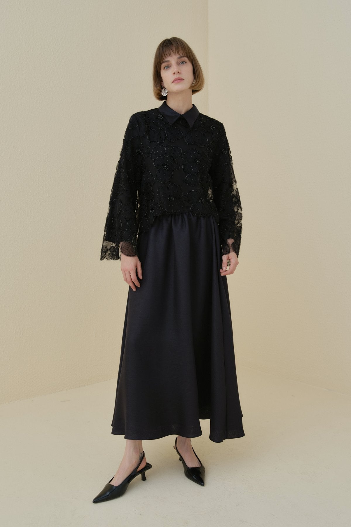 Pearl Embellished Skirt, Blouse and Lace Set - Black