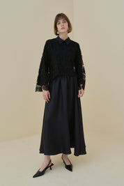 Pearl Embellished Skirt, Blouse and Lace Set - Black