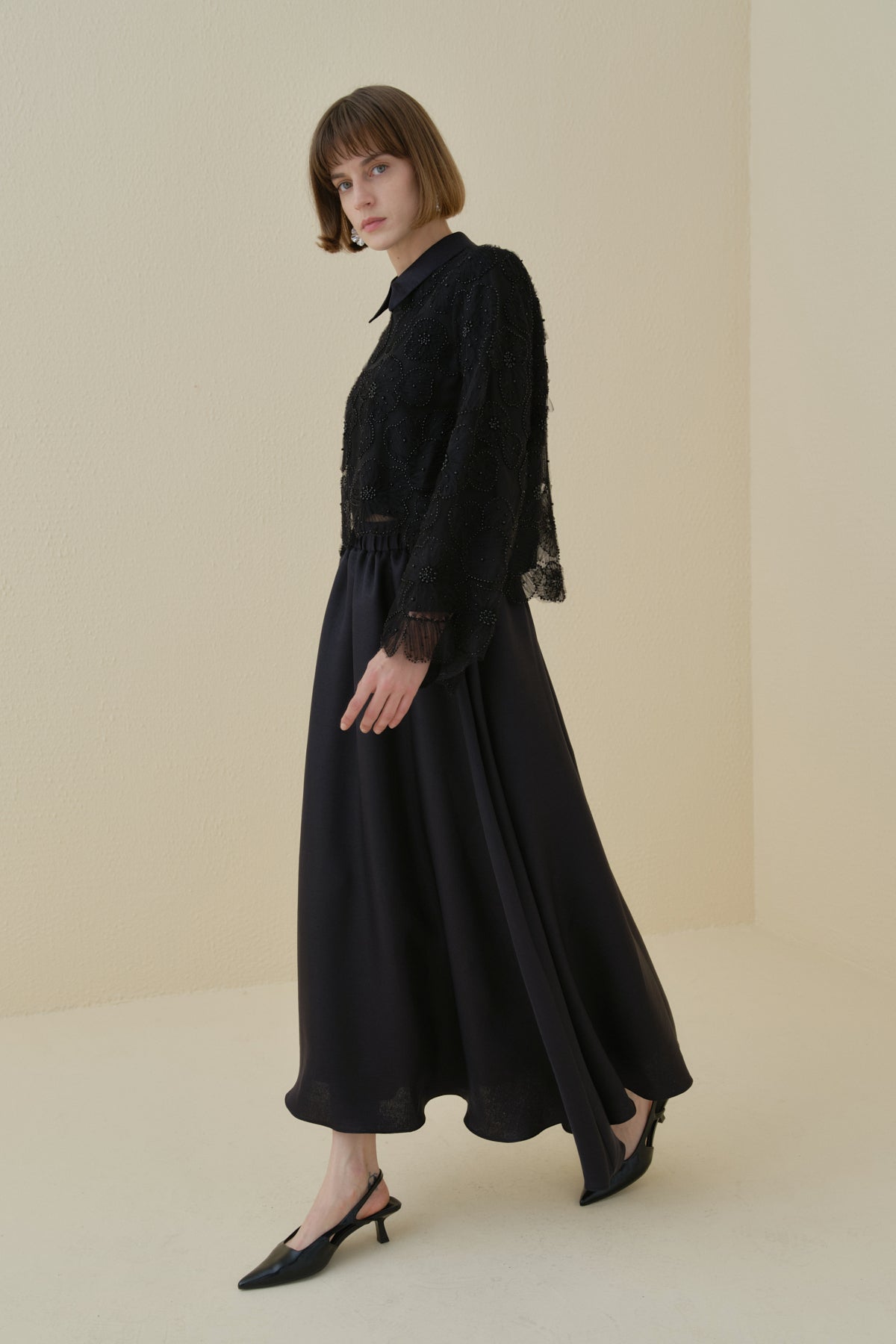 Pearl Embellished Skirt, Blouse and Lace Set - Black