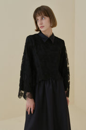 Pearl Embellished Skirt, Blouse and Lace Set - Black
