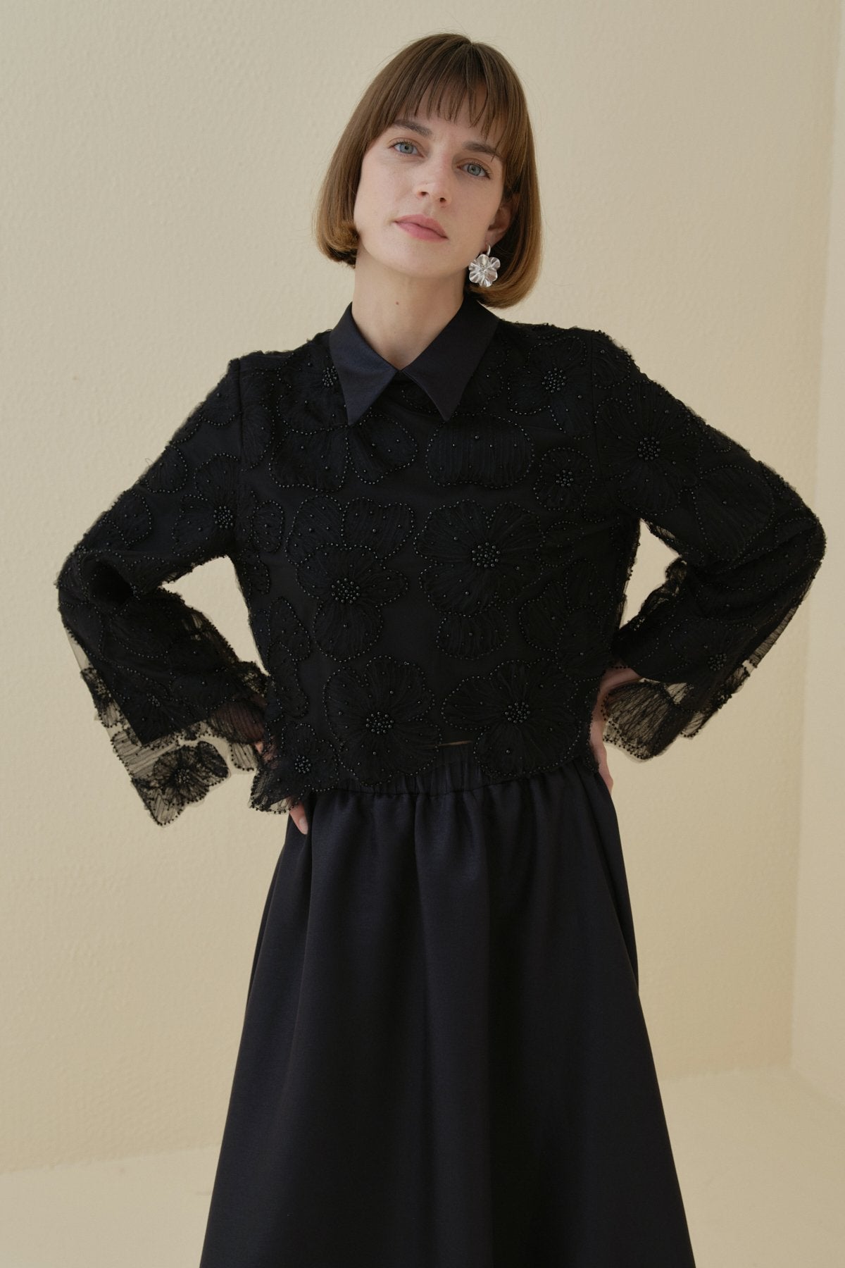 Pearl Embellished Skirt, Blouse and Lace Set - Black