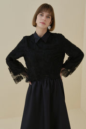 Pearl Embellished Skirt, Blouse and Lace Set - Black