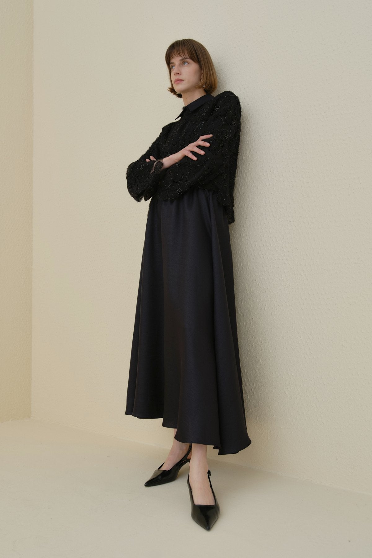 Pearl Embellished Skirt, Blouse and Lace Set - Black