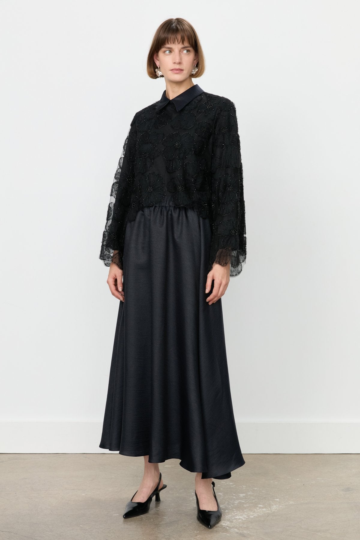 Pearl Embellished Skirt, Blouse and Lace Set - Black