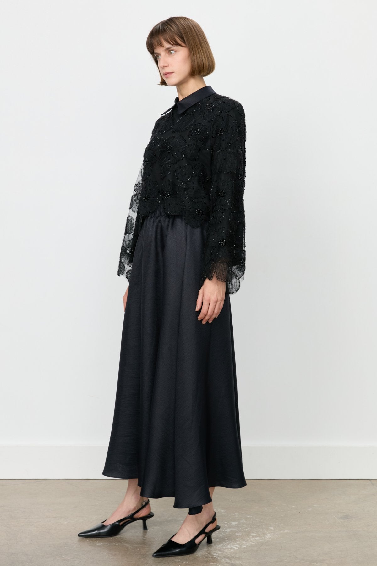Pearl Embellished Skirt, Blouse and Lace Set - Black