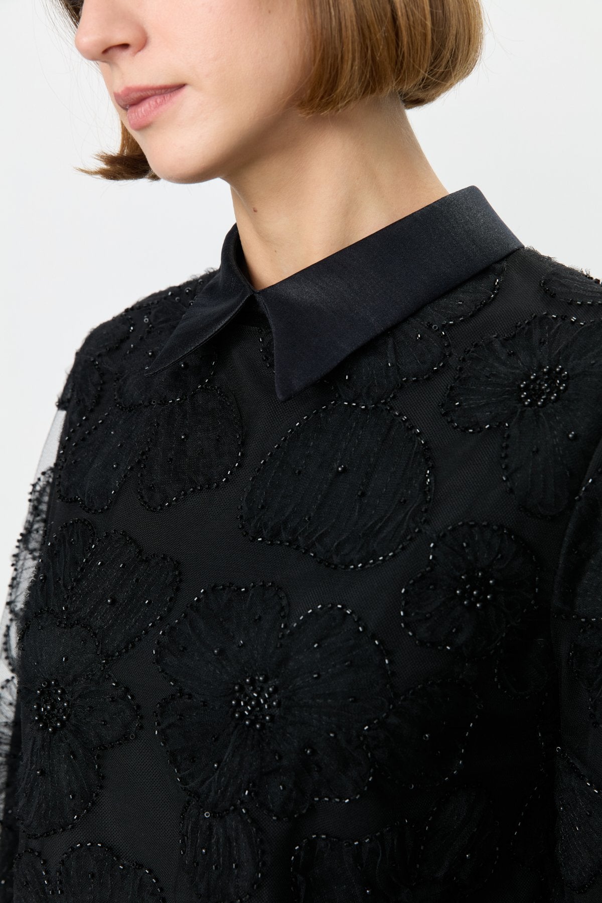 Pearl Embellished Skirt, Blouse and Lace Set - Black
