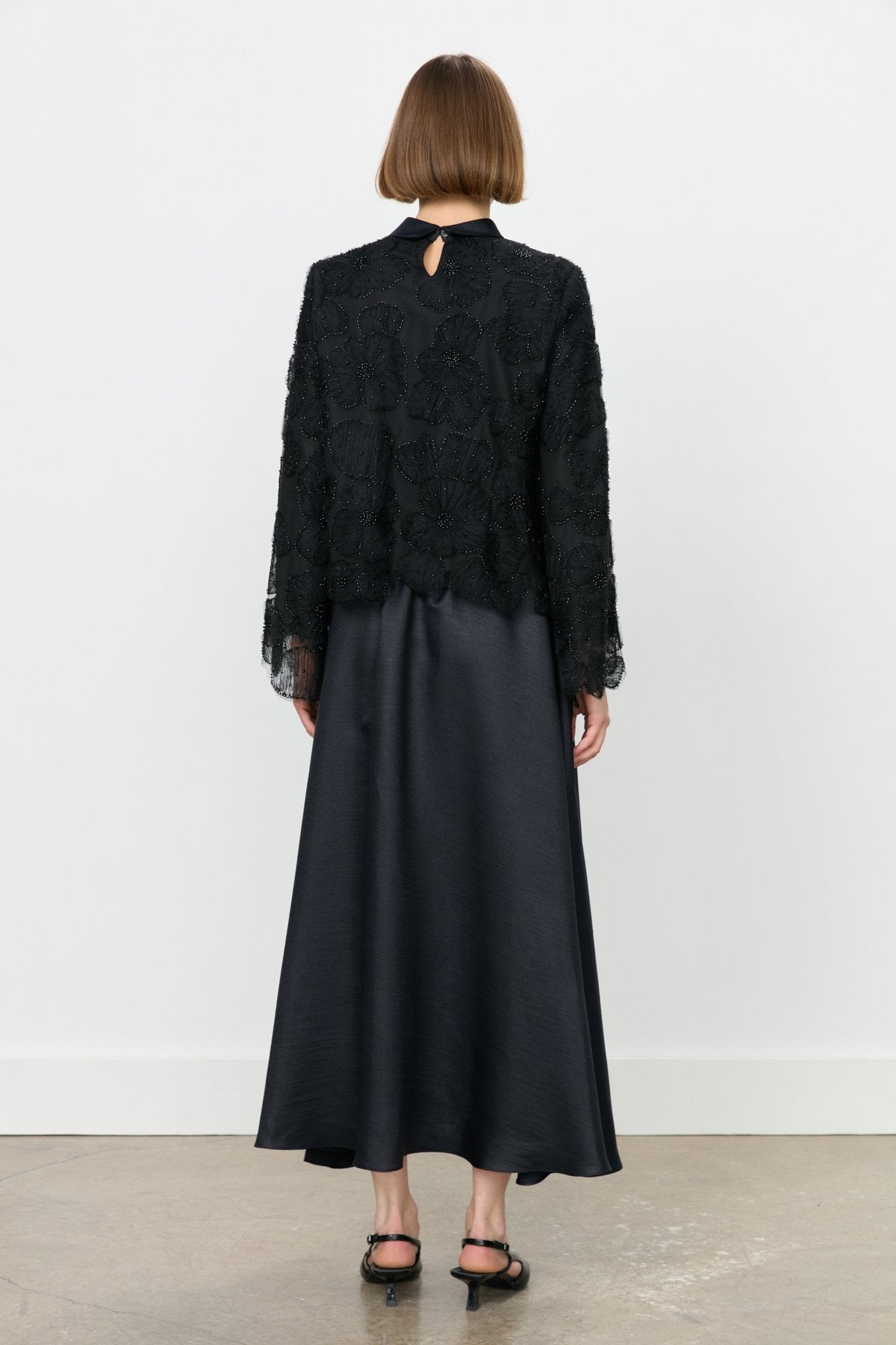 Pearl Embellished Skirt, Blouse and Lace Set - Black