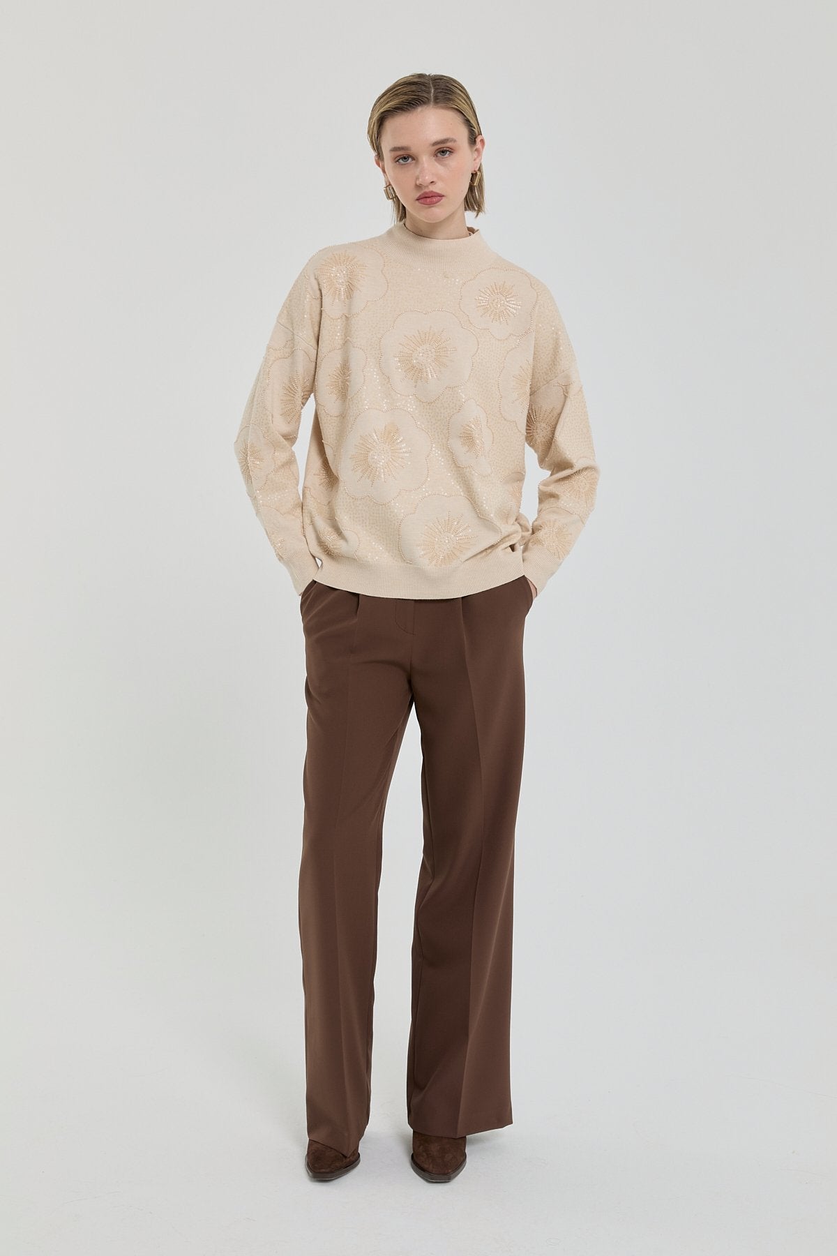 Embroidered Half Turtleneck Sweater - Ecru