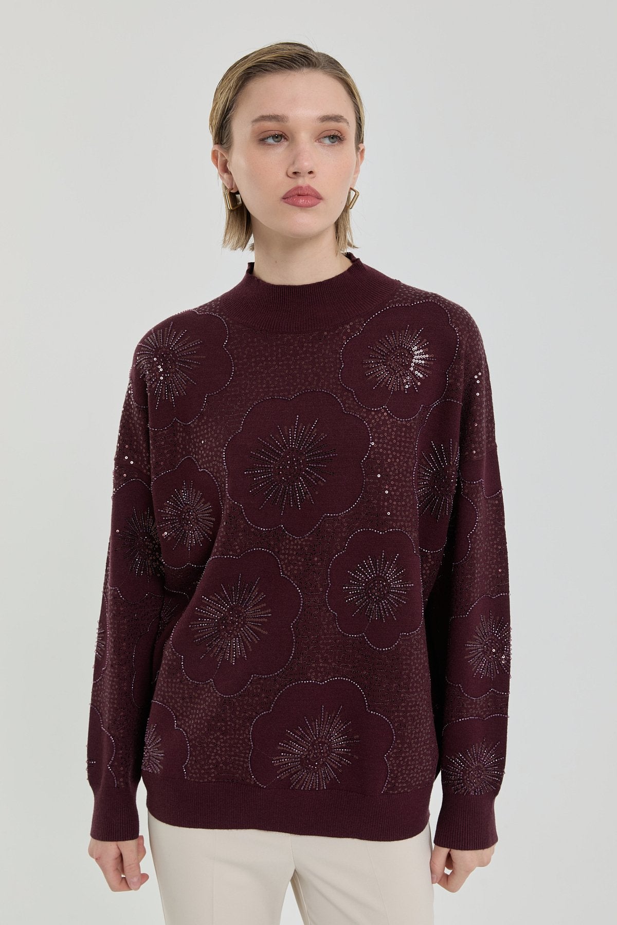 Embroidered Half Turtleneck Sweater - Plum