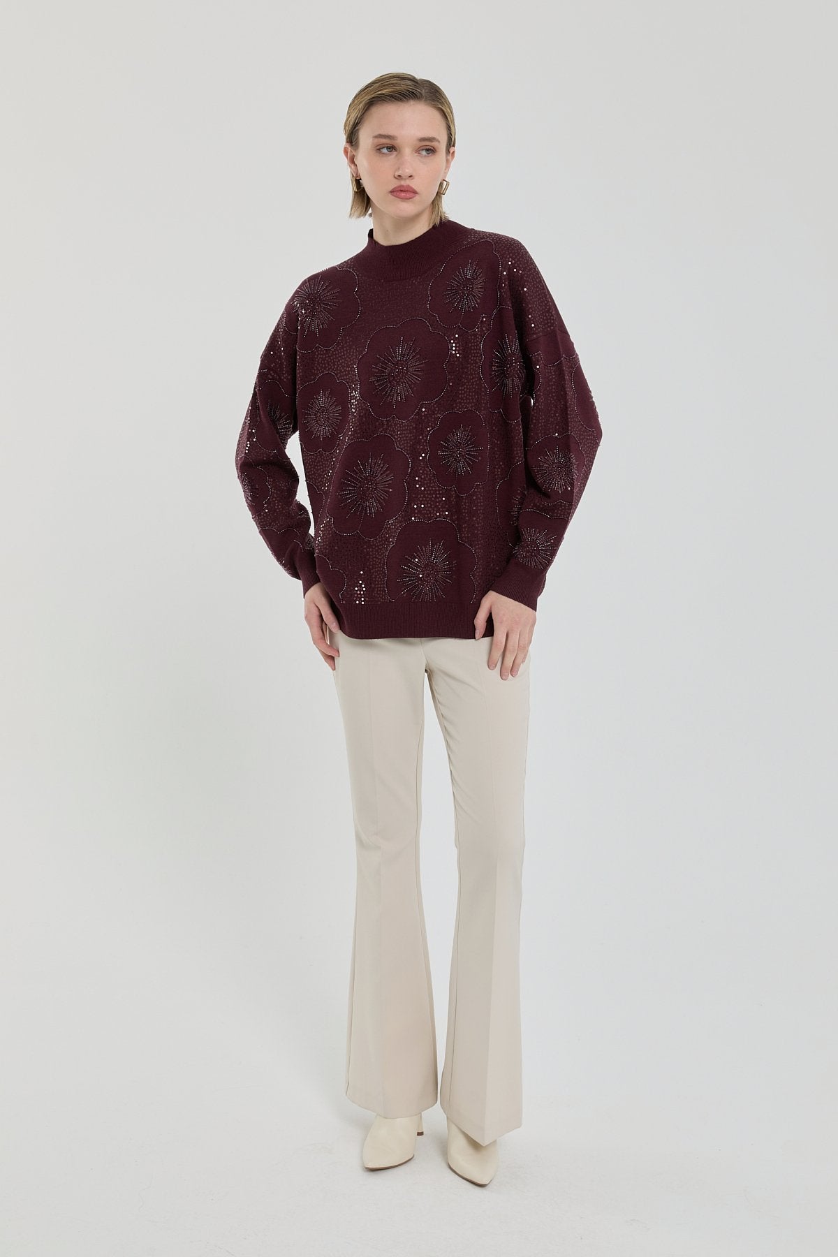 Embroidered Half Turtleneck Sweater - Plum