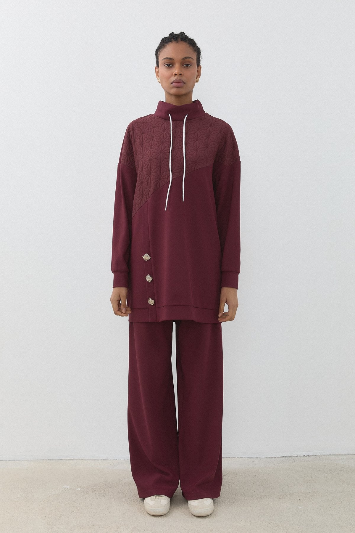 Jakar Kumaş Detaylı Örme Pantolon Tunik Takım - Bordo