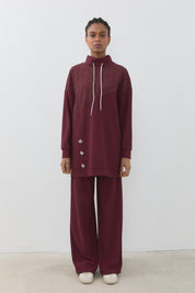 Jakar Kumaş Detaylı Örme Pantolon Tunik Takım - Bordo