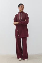 Jakar Kumaş Detaylı Örme Pantolon Tunik Takım - Bordo