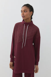 Jakar Kumaş Detaylı Örme Pantolon Tunik Takım - Bordo