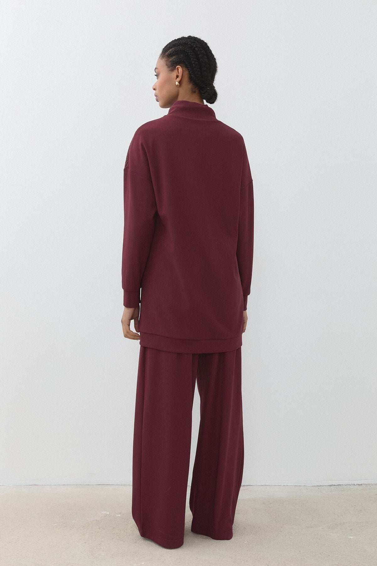 Jakar Kumaş Detaylı Örme Pantolon Tunik Takım - Bordo