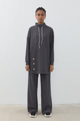 Jacquard Fabric Detailed Knitted Pants and Tunic Set - Dark Gray