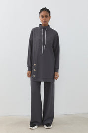 Jacquard Fabric Detailed Knitted Pants and Tunic Set - Dark Gray