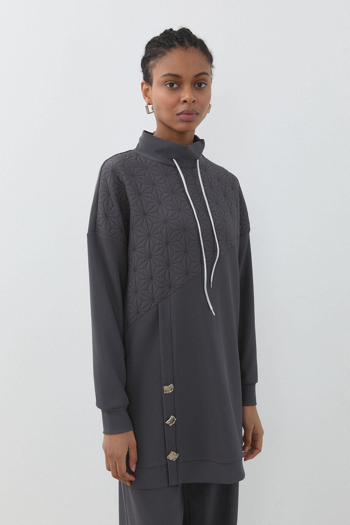 Jacquard Fabric Detailed Knitted Pants and Tunic Set - Dark Gray