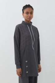 Jacquard Fabric Detailed Knitted Pants and Tunic Set - Dark Gray