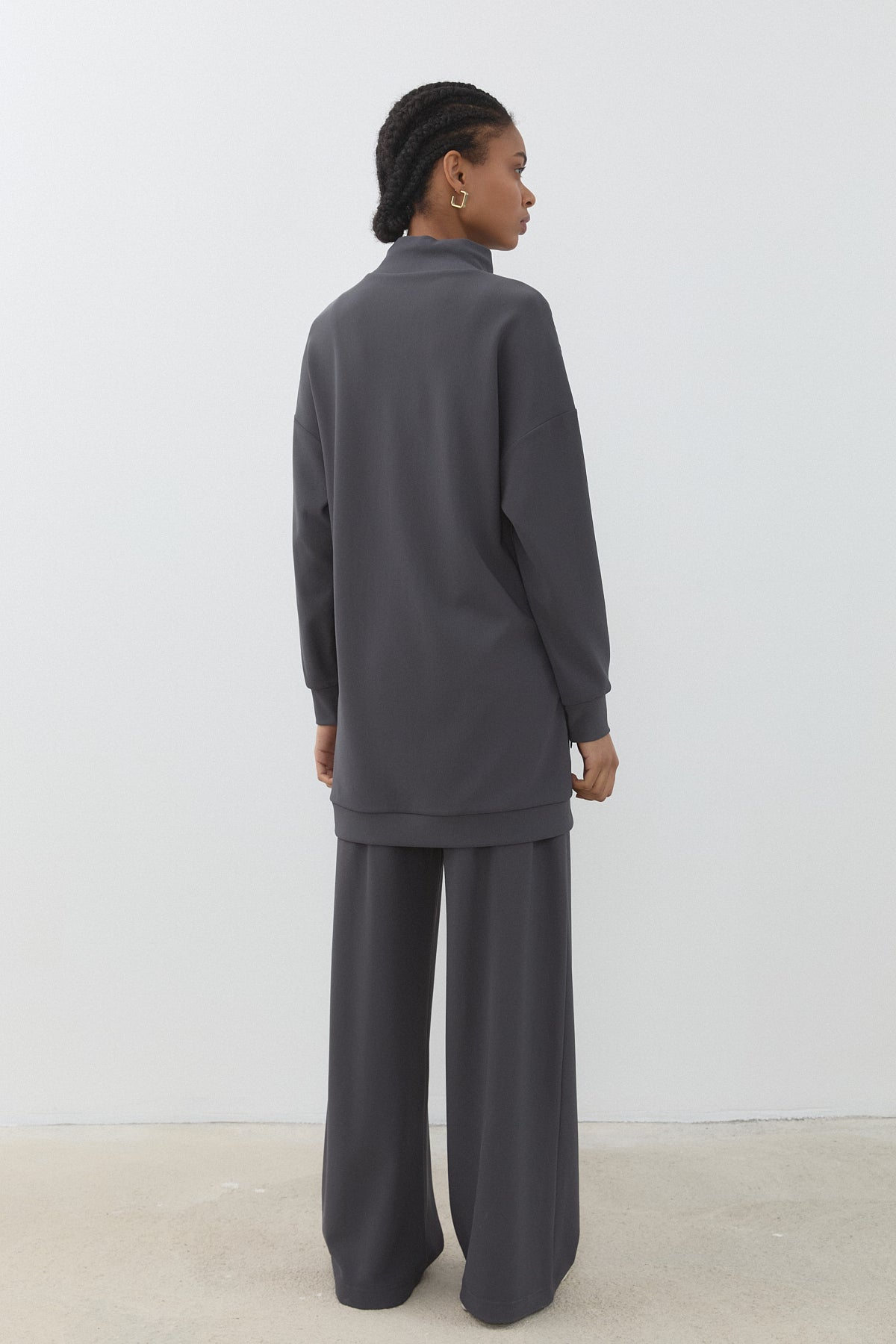 Jacquard Fabric Detailed Knitted Pants and Tunic Set - Dark Gray
