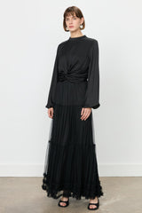 Jakarlı Şık Etek Bluz Tül Takım - Siyah