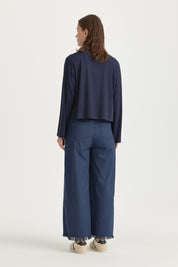 Canvas Wide-Leg Cotton Basic Trousers - Indigo