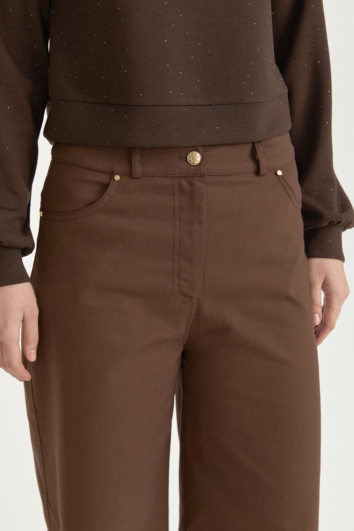 Canvas Wide-Leg Cotton Basic Trousers - Coffee