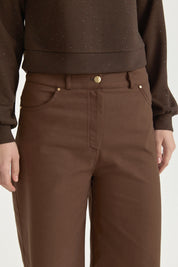 Canvas Wide-Leg Cotton Basic Trousers - Coffee