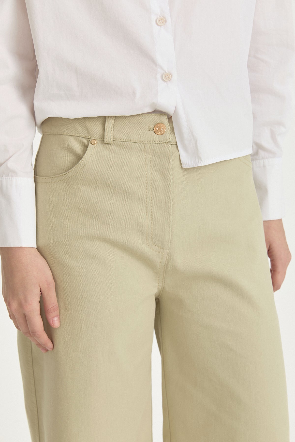 Canvas Wide-Leg Cotton Basic Pants - Thyme
