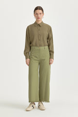 Canvas Wide Leg Cotton Basic Trousers - Green