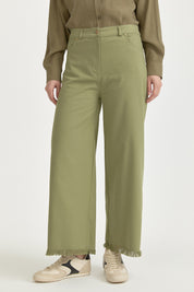 Canvas Wide Leg Cotton Basic Trousers - Green