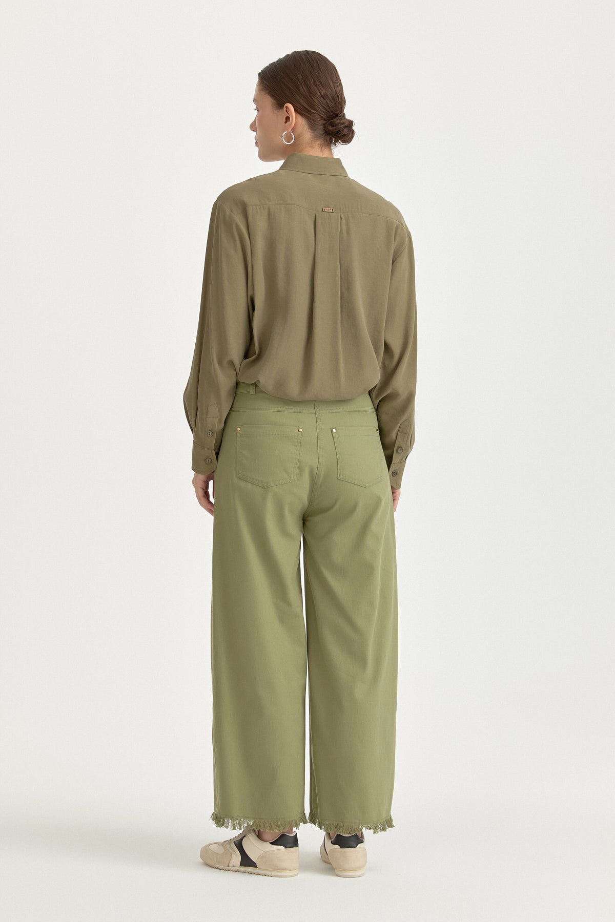 Canvas Wide Leg Cotton Basic Trousers - Green