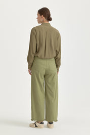 Canvas Wide Leg Cotton Basic Trousers - Green