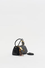 Black Cross-Body Bag with Flap and Charm Accessory