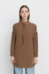 Quilted Trim Stand-Collar Viscose Tunic - Light Brown