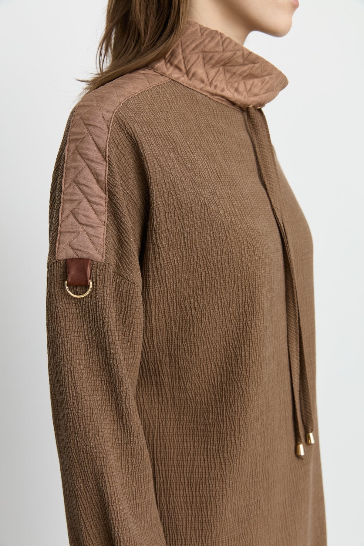 Quilted Trim Stand-Collar Viscose Tunic - Light Brown