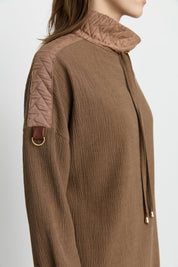 Quilted Trim Stand-Collar Viscose Tunic - Light Brown