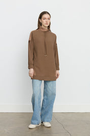 Quilted Trim Stand-Collar Viscose Tunic - Light Brown
