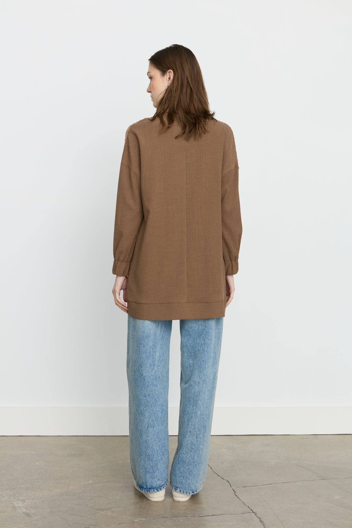 Quilted Trim Stand-Collar Viscose Tunic - Light Brown